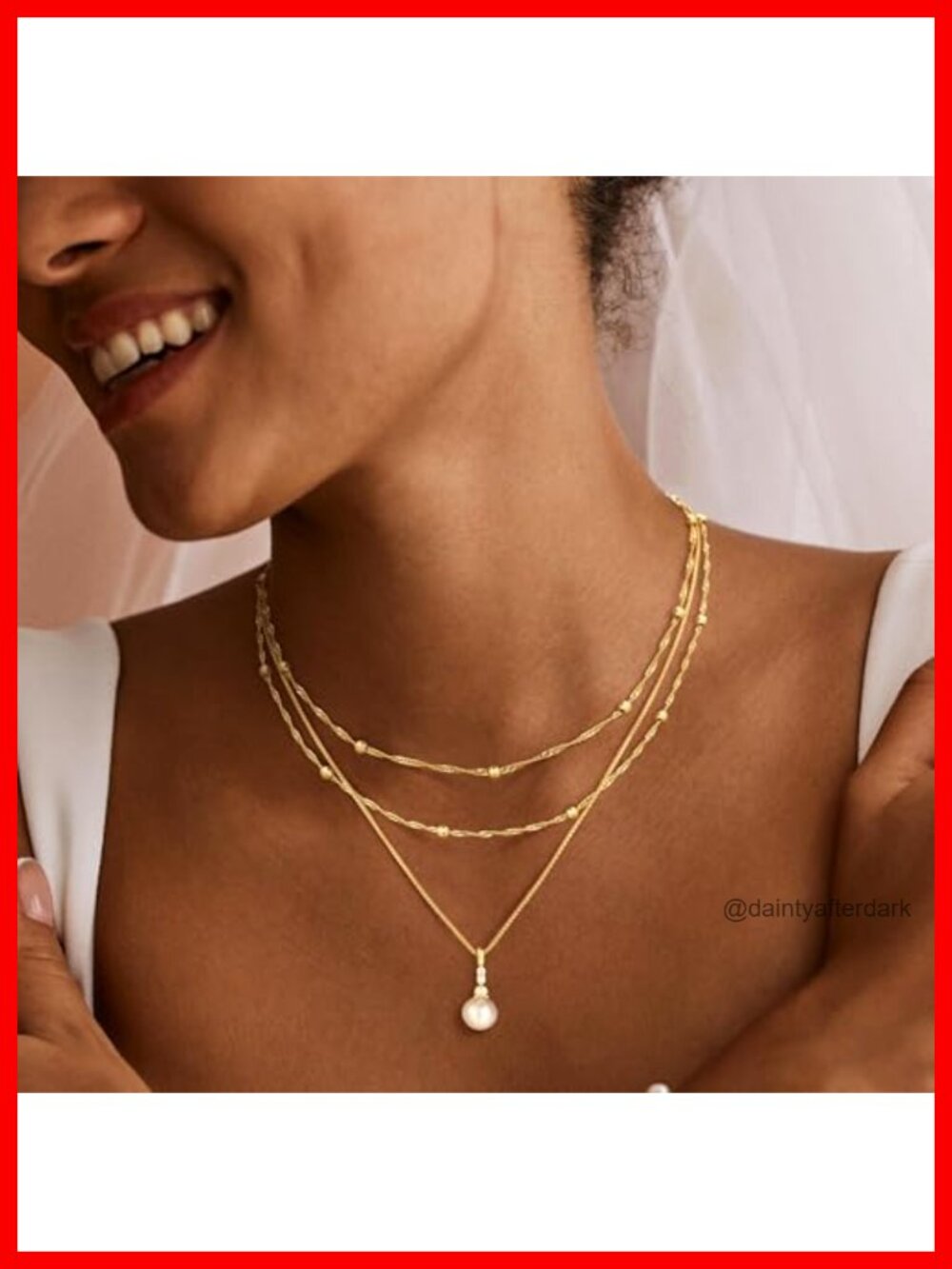 Dainty Layered Pearl Pendant Necklace, Gold Plated, Adjustable - Picture 2 of 6